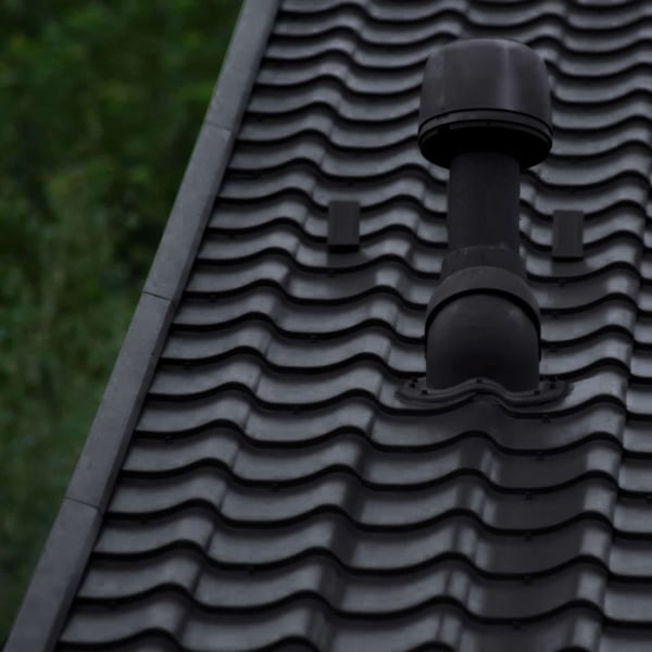 Dak met Gitzwart RAL 9005 windveer en ontluchtingspijp