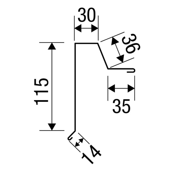 Technische tekening van de gevelhoek Stehfalzprofiel 33/500 met afmetingen 115, 30, 36, 35, 14 mm
