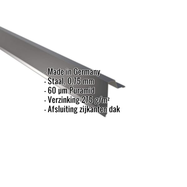 Gevelhoekprofiel staande fels 33/500 antracietgrijs met productgegevens zoals materiaal, dikte en coating