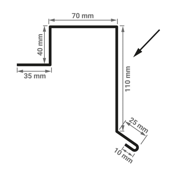 Technische tekening gevelhoek Stehfalzprofiel PD-510-S met afmetingen 70 mm, 40 mm, 35 mm, 110 mm, 25 mm, 10 mm