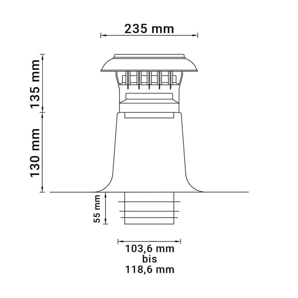 Technische tekening woonruimte-/ontluchter DACHPROTECT met afmetingen: 235 mm, 135 mm, 130 mm, 55 mm