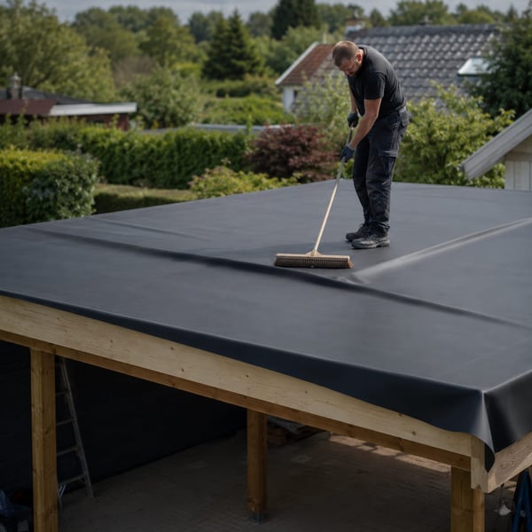 Twee vaklieden rollen een EPDM-dakbaan uit op het dakvlak
