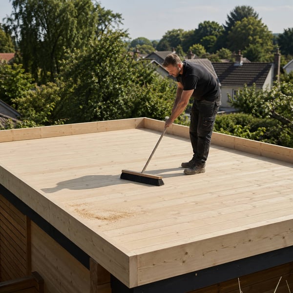 Houten dakbeschot van een plat dak met wigplank rondom vóór het leggen van de EPDM-baan