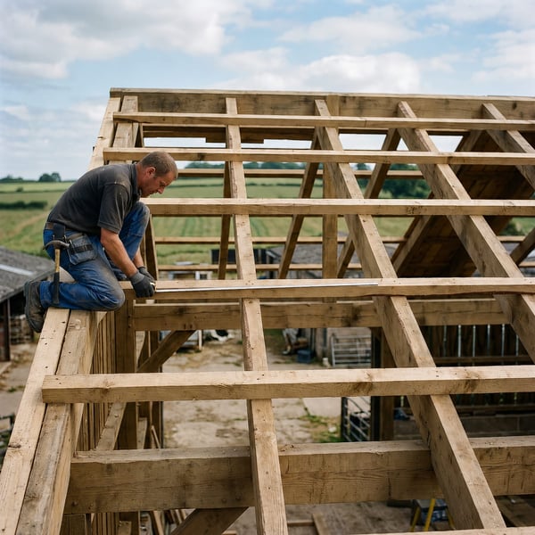 Houten gordingconstructie vóór de montage van vezelcement golfplaten