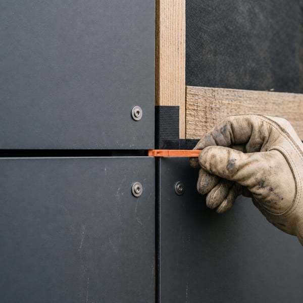 Gelijkmatige stootvoeg tussen twee HPL-platen met achterliggend voegenband