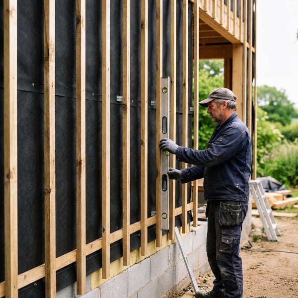 Geventileerde onderconstructie van verticale draaglatten vóór de HPL-montage