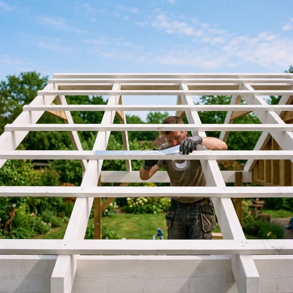 Wit geschilderde houten panlatten als onderconstructie vóór de montage van de lichtplaten