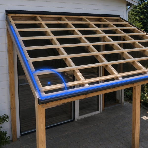 Onderconstructie van een terrasoverkapping met blauw gemarkeerde druiplijst en windveer haaks op elkaar