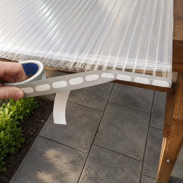 Kopse kant van een kanaalplaat wordt met aluminiumtape en afsluitprofiel gesloten