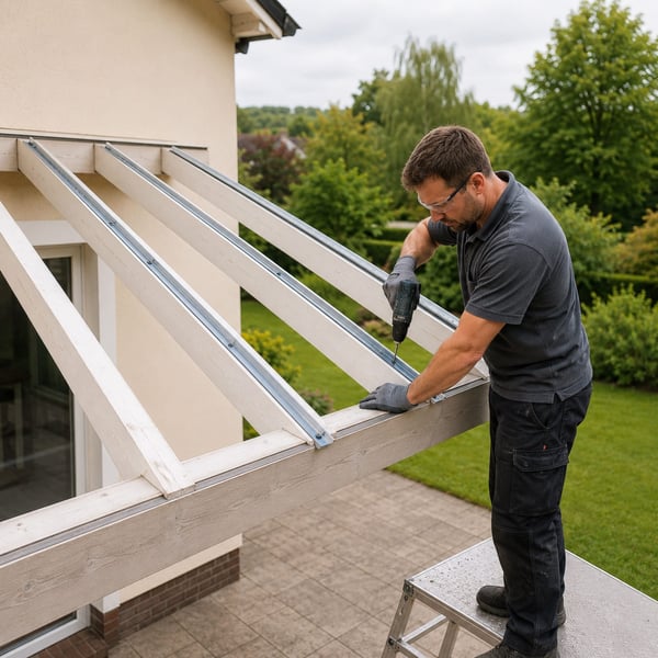 Aluminium onderprofiel wordt op het spant uitgelijnd en vastgeschroefd