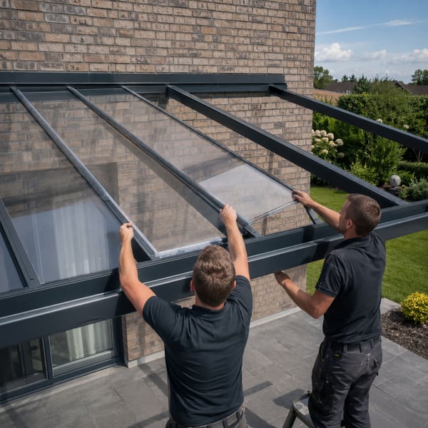 Dakplaat wordt tussen de liggers van een terrasoverkapping gelegd en loopt de goot in