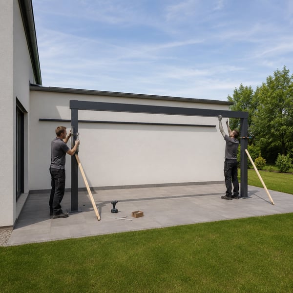 Geplaatste aluminium staander met voetplaat draagt de goot van de terrasoverkapping