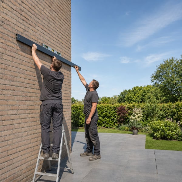 Twee vakmensen bevestigen het muurprofiel van een terrasoverkapping op werkhoogte aan de gevel