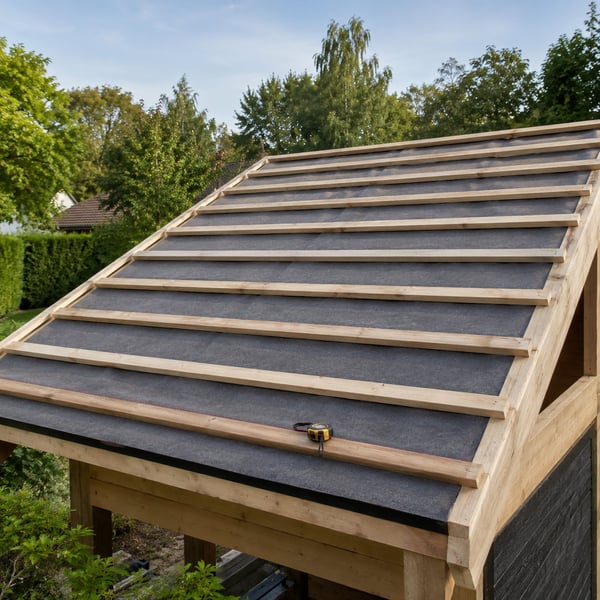 Uitgezette druiplijstlijn op een houten onderconstructie vóór de montage van damwandplaten
