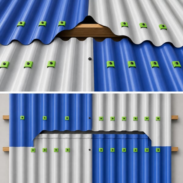 Lengte- en dwarsnaad van twee golfplaten boven de gording, op de golfbergen met kalotten vastgeschroefd