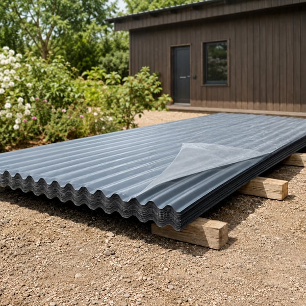 Op houten balken opgeslagen stapel golfplaten met beschermfolie op de bouwplaats