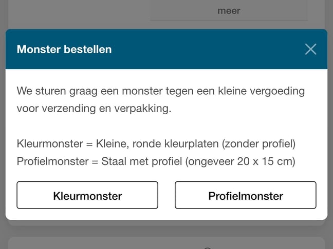 Keuzevenster „Monster bestellen“ met de knoppen kleurmonster en profielmonster