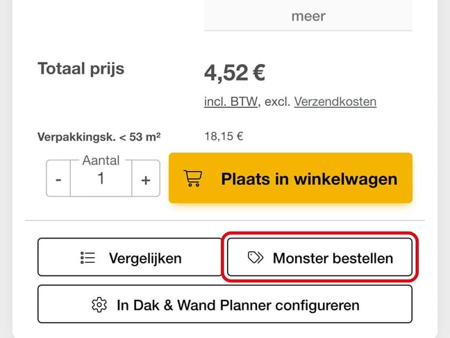 Knop „Monster bestellen“ in het koopgedeelte van een artikelpagina van HMG Benelux
