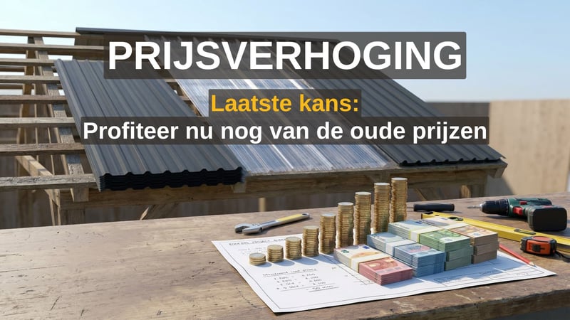Dakplaten op een bouwplaats met opgestapelde munten als symbool voor stijgende prijzen – Laatste kans: profiteer nu nog van de oude prijzen.