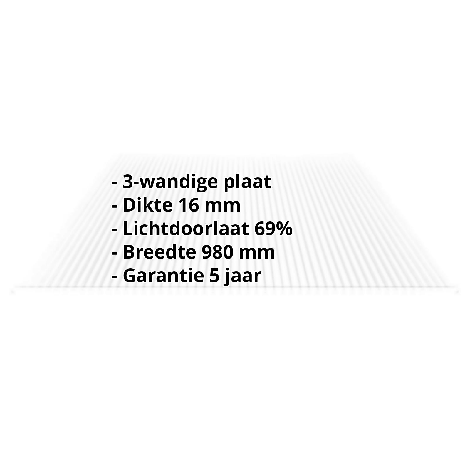Polycarbonaat kanaalplaat | 16 mm | Breedte 980 mm | Helder | Novalite | 500 mm #2