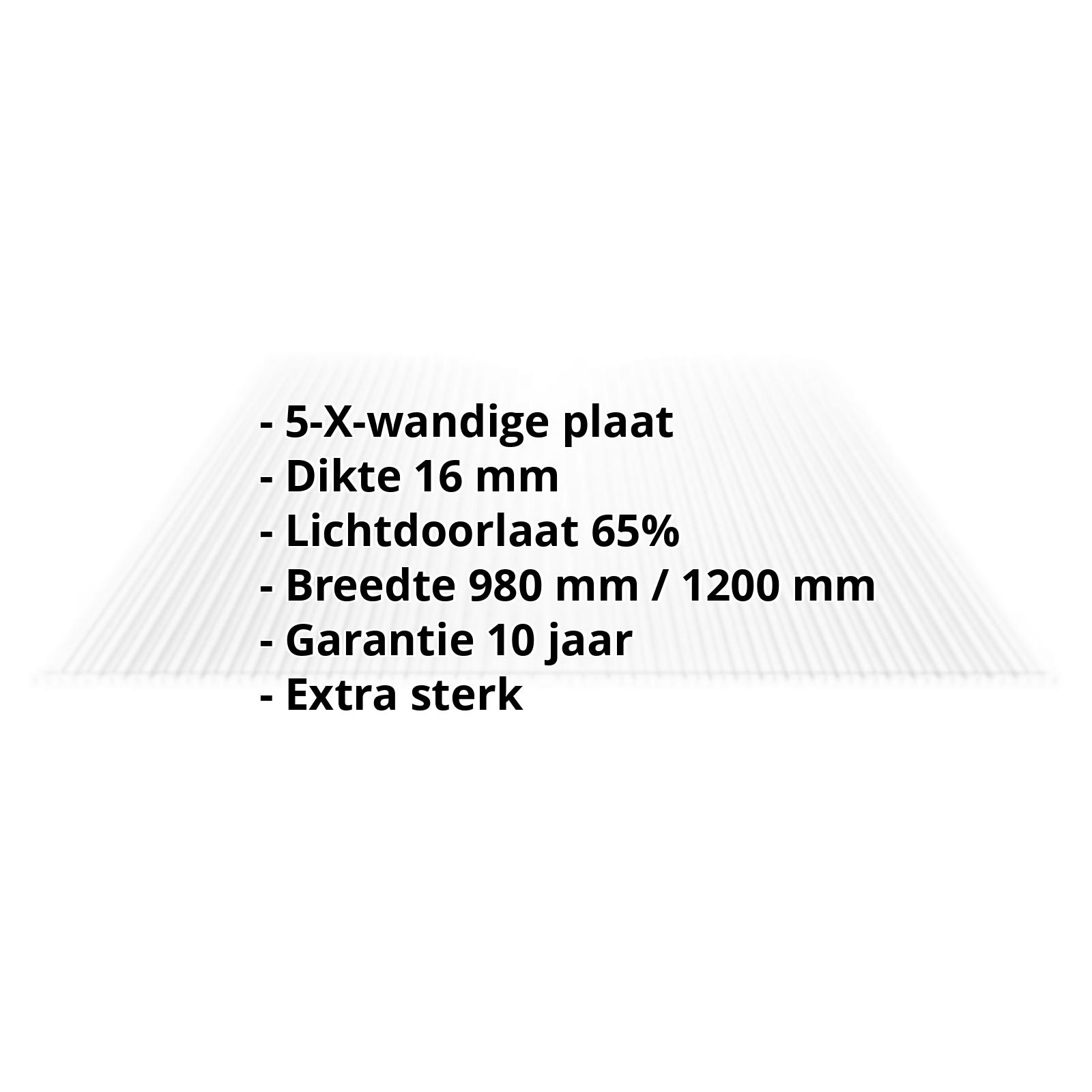 Polycarbonaat kanaalplaat | 16 mm | Breedte 1200 mm | Helder | Extra sterk | 500 mm #2