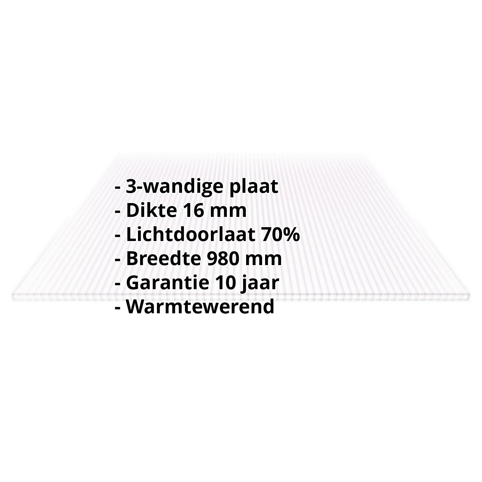 Polycarbonaat kanaalplaat | 16 mm | Breedte 980 mm | Helder, lichte violette tint | Warmtewerend | 500 mm #2