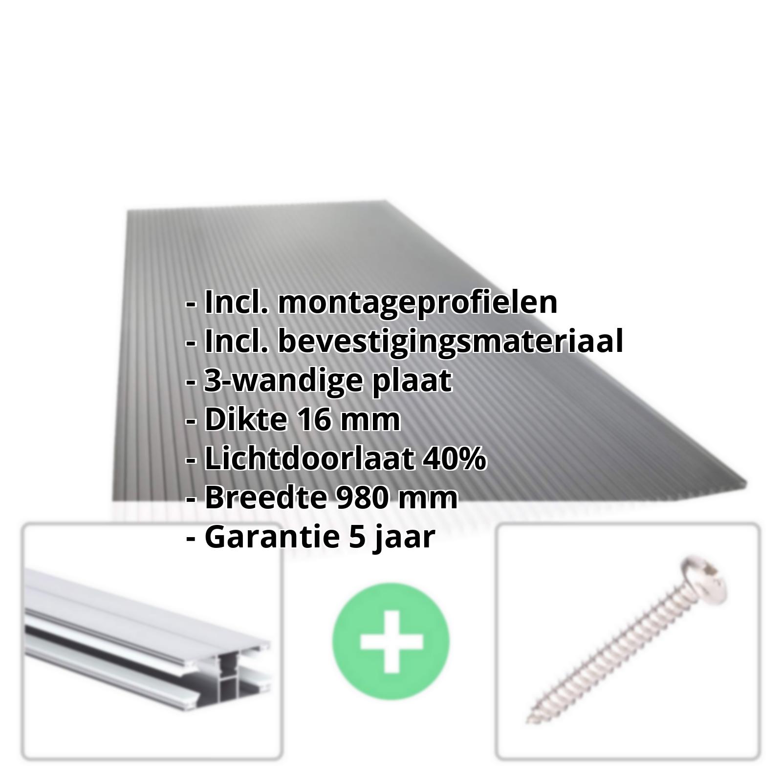 Polycarbonaat kanaalplaat | 16 mm | Profiel DUO | Voordeelpakket | Plaatbreedte 980 mm | Antracietgrijs | Novalite | Breedte 3,09 m | Lengte 2,00 m #2