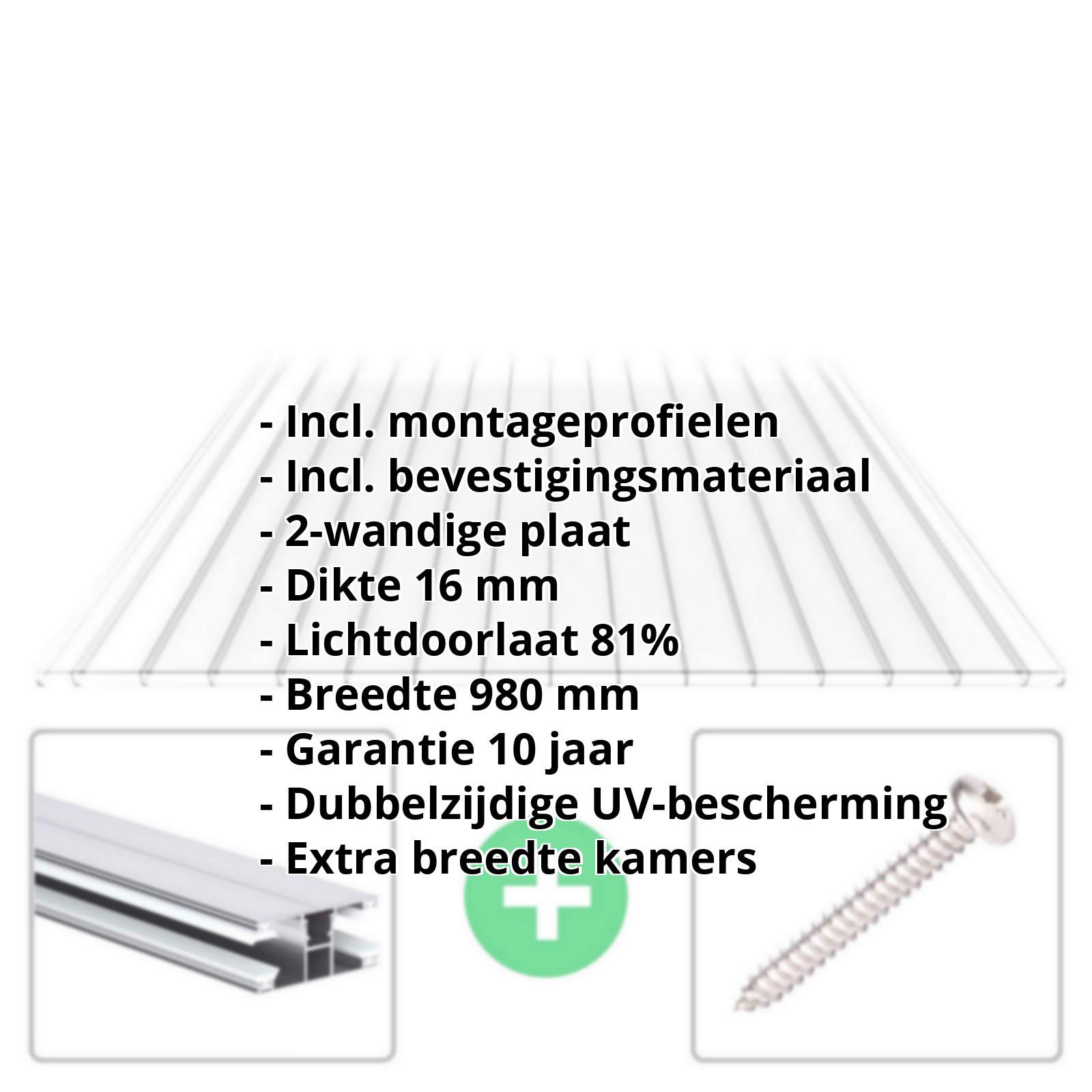Polycarbonaat kanaalplaat | 16 mm | Profiel DUO | Voordeelpakket | Plaatbreedte 980 mm | Helder | Brede kanaal | Breedte 3,09 m | Lengte 2,00 #2