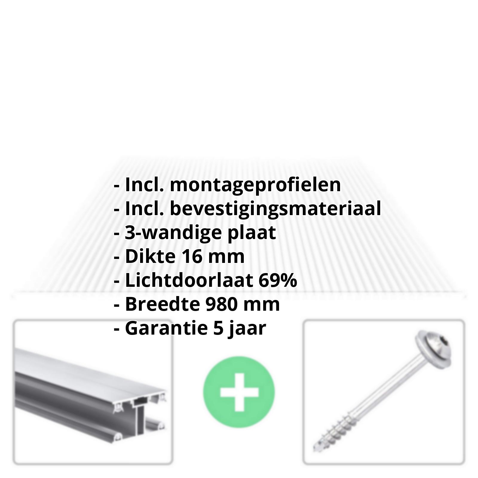 Polycarbonaat kanaalplaat | 16 mm | Profiel ECO | Voordeelpakket | Plaatbreedte 980 mm | Helder | Novalite | Breedte 3,05 m | Lengte 2,00 m #2