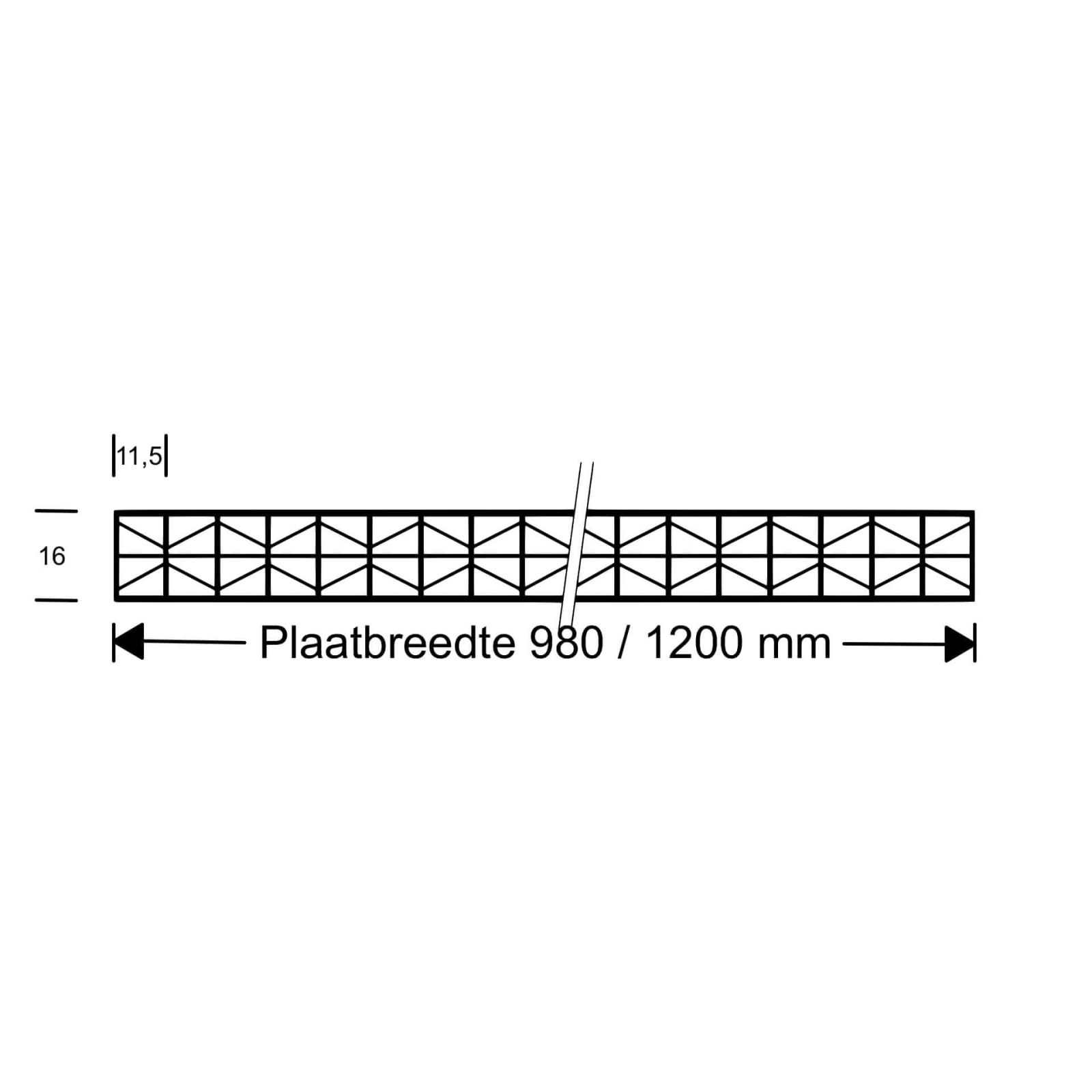 Polycarbonaat plaat 16mm dik 98cm breed met verschillende lengtes en in 2  kleuren leverbaar