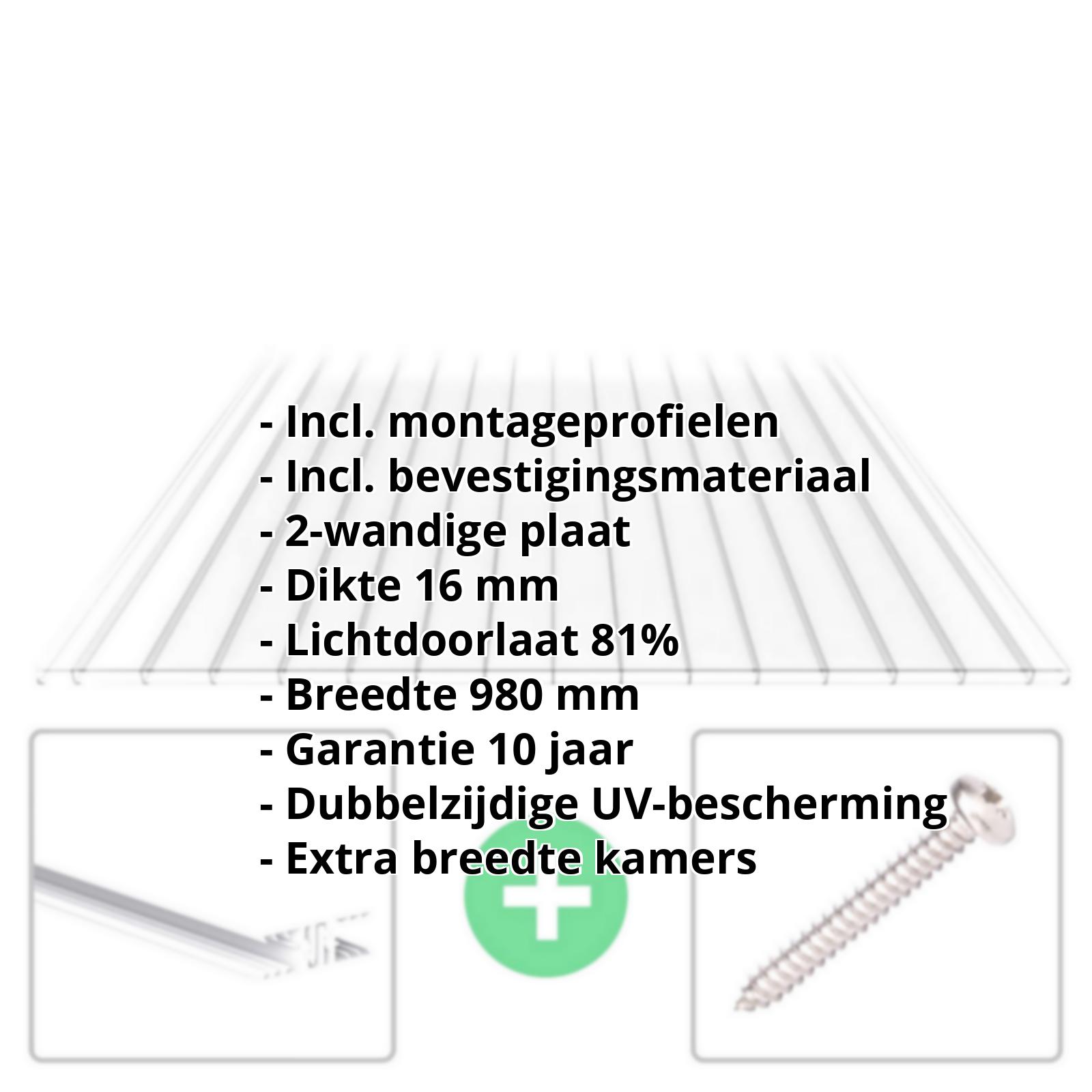 Polycarbonaat kanaalplaat | 16 mm | Profiel Zeven | Voordeelpakket | Plaatbreedte 980 mm | Helder | Brede kanaal | Breedte 3,13 m | Lengte 2,00 #2
