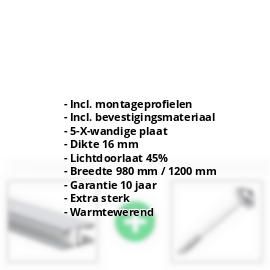 Polycarbonaat kanaalplaat | 16 mm | Profiel Mendig | Voordeelpakket | Plaatbreedte 980 mm | Opaal wit | Warmtewerend | Breedte 3,09 m | Lengte 2,00 m #2