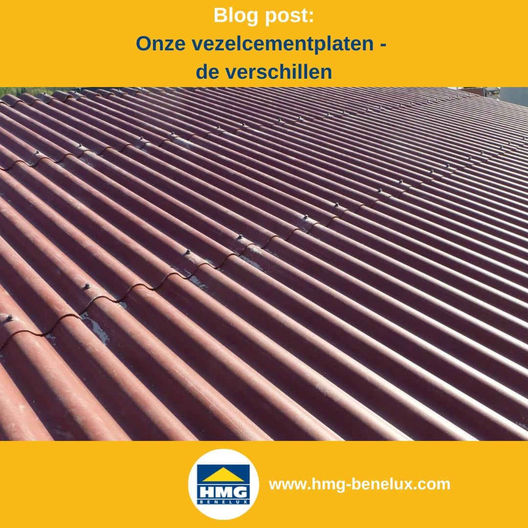 Titelafbeelding van een blogbericht met als onderwerp ‘vezelcementplaten’ – te zien is een dakbedekking met rode vezelcementplaten, samen met het logo en het webadres van hmg-benelux-shop.com.