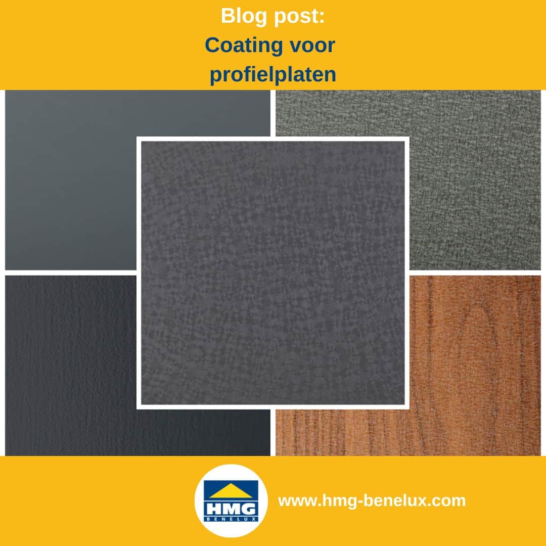Titelafbeelding van een blogbericht met als onderwerp ‘Coatings voor metalen platen’ – er wordt een overzicht getoond van verschillende coatings, samen met het logo en het webadres van hmg-benelux-shop.com.