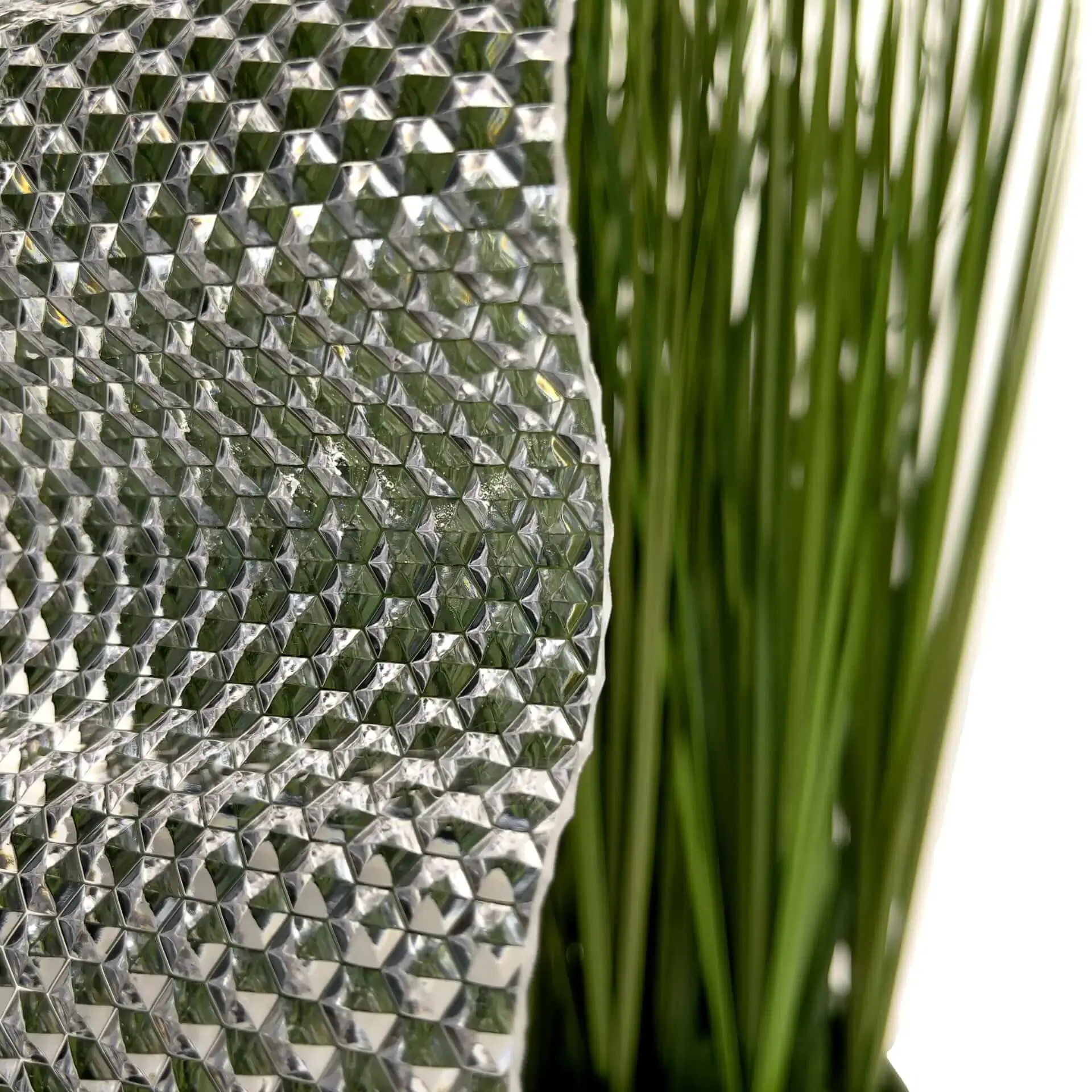 Close-up van lichtpanelen met honingraatstructuur naast groene plantenbladeren.