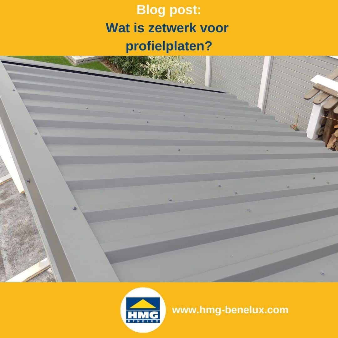 Titelafbeelding van een blogbericht met als thema ‘zetwerk’ – te zien is een carport met grijs trapeziumplaatstaal en bijpassende zetwerk, plus het logo en het webadres van hmg-benelux-shop.com.