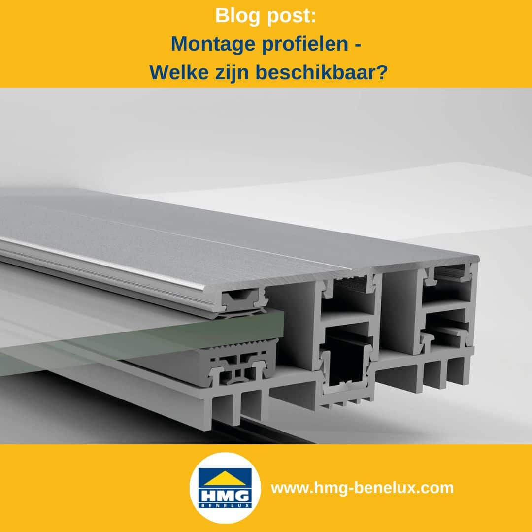 Titelafbeelding van een blogbericht met als onderwerp ‘Verschillende legprofielen’ – er wordt een grijs randprofiel met een massieve plaat getoond, samen met het logo en het webadres van hmg-benelux-shop.com.