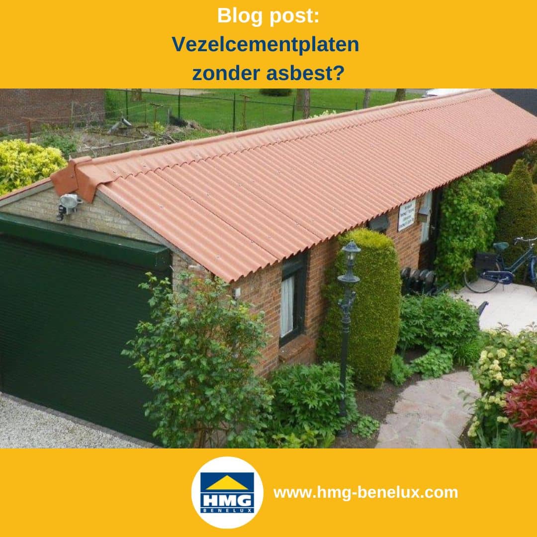 Titelafbeelding van een blogbericht met als onderwerp ‘Vezelcementplaten ook zonder asbest’ – te zien is een dakbedekking van een garage met rode vezelcementplaten, plus het logo en het webadres van hmg-benelux-shop.com.