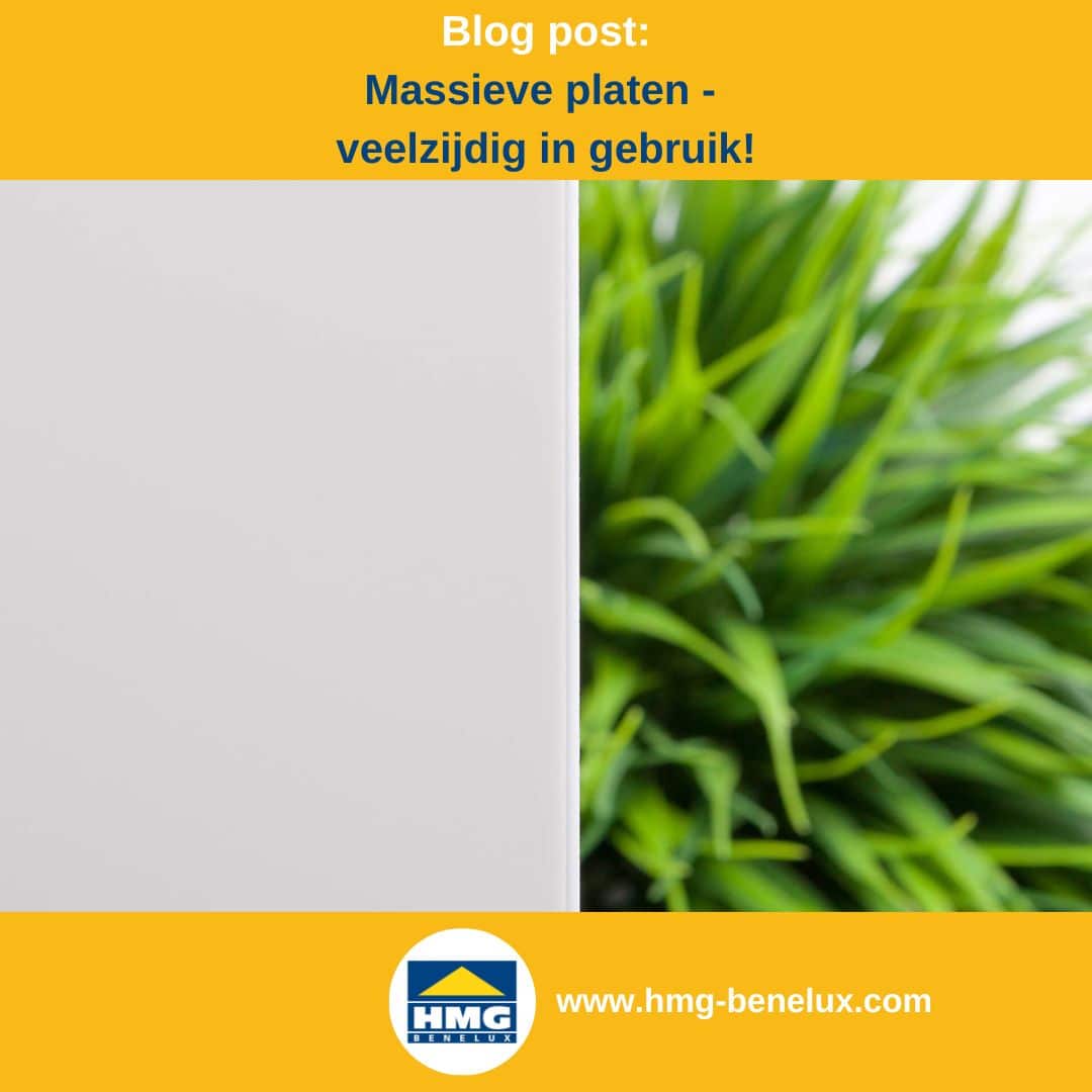 Titelafbeelding van een blogbericht met als onderwerp ‘Functionaliteit van massieve platen’ – te zien is een opale massieve plaat, met daarnaast het logo en het webadres van hmg-benelux-shop.com.