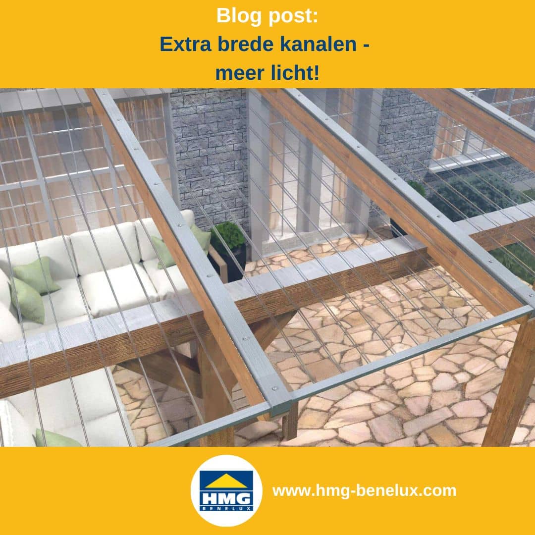 Titelafbeelding van een blogbericht met als onderwerp ‘Lichtdoorlatendheid bij breedkamer-kanaalplaten’ – te zien is een terrasoverkapping met heldere platen, met daarnaast het logo en het webadres van hmg-benelux-shop.com.