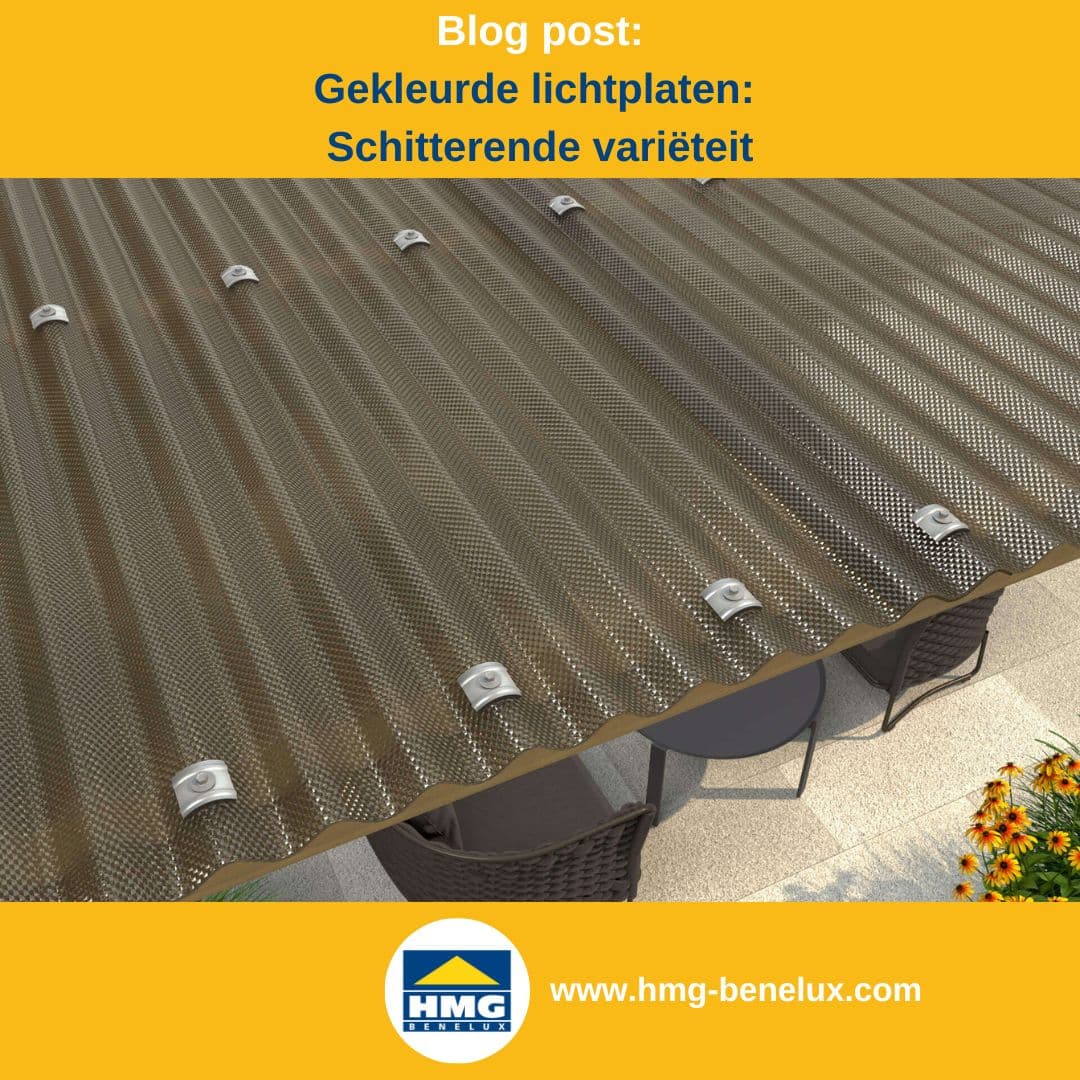 Titelafbeelding van een blogbericht met als onderwerp ‘gekleurde lichtplaten’ – te zien is een bronskleurige golfplaat, met daarnaast het logo en het webadres van hmg-benelux-shop.com.