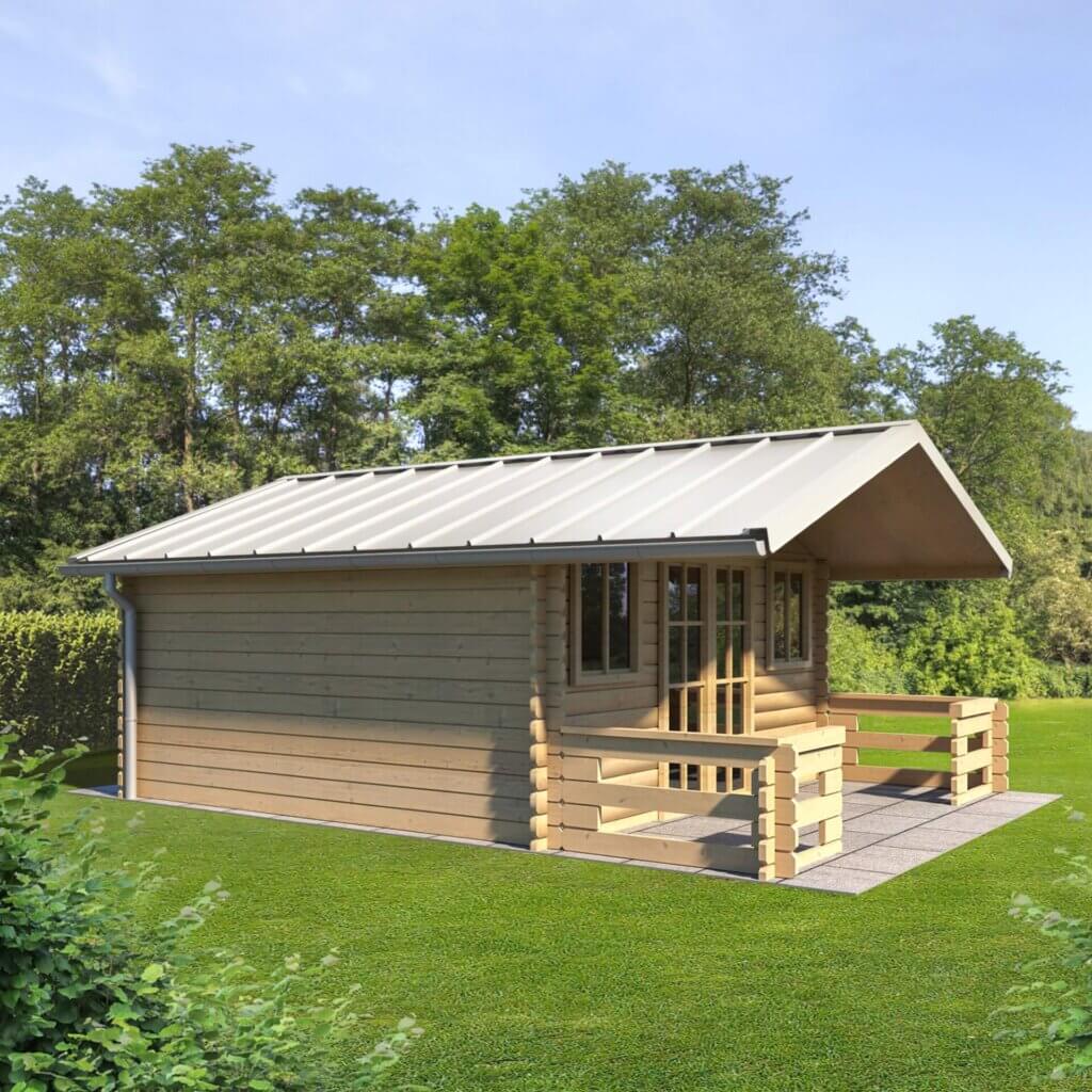 Tuinhuis met witte dakbedekking van felsplaat.