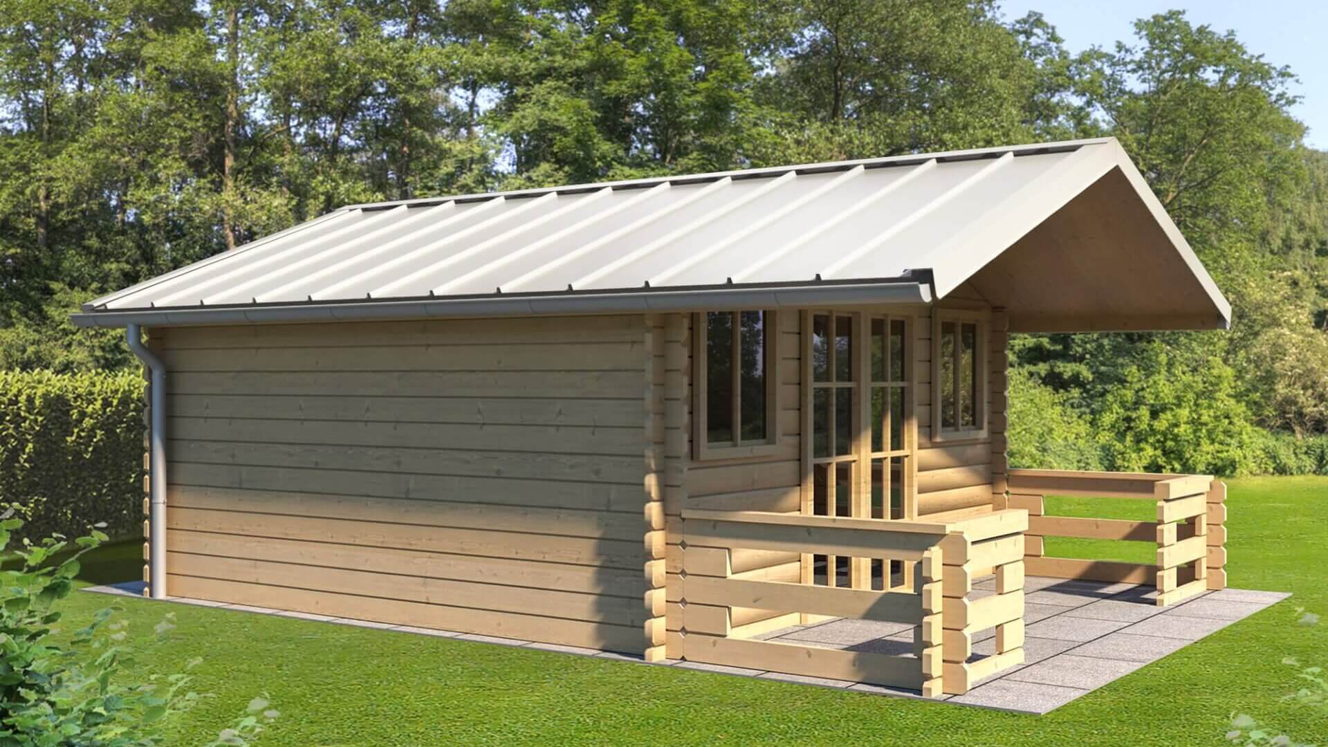 Op de foto zie je een houten hut met een modern felsdak van metaal, waarschijnlijk aluminium. Het dak heeft een hoogwaardige uitstraling en past perfect in de natuurlijke omgeving.