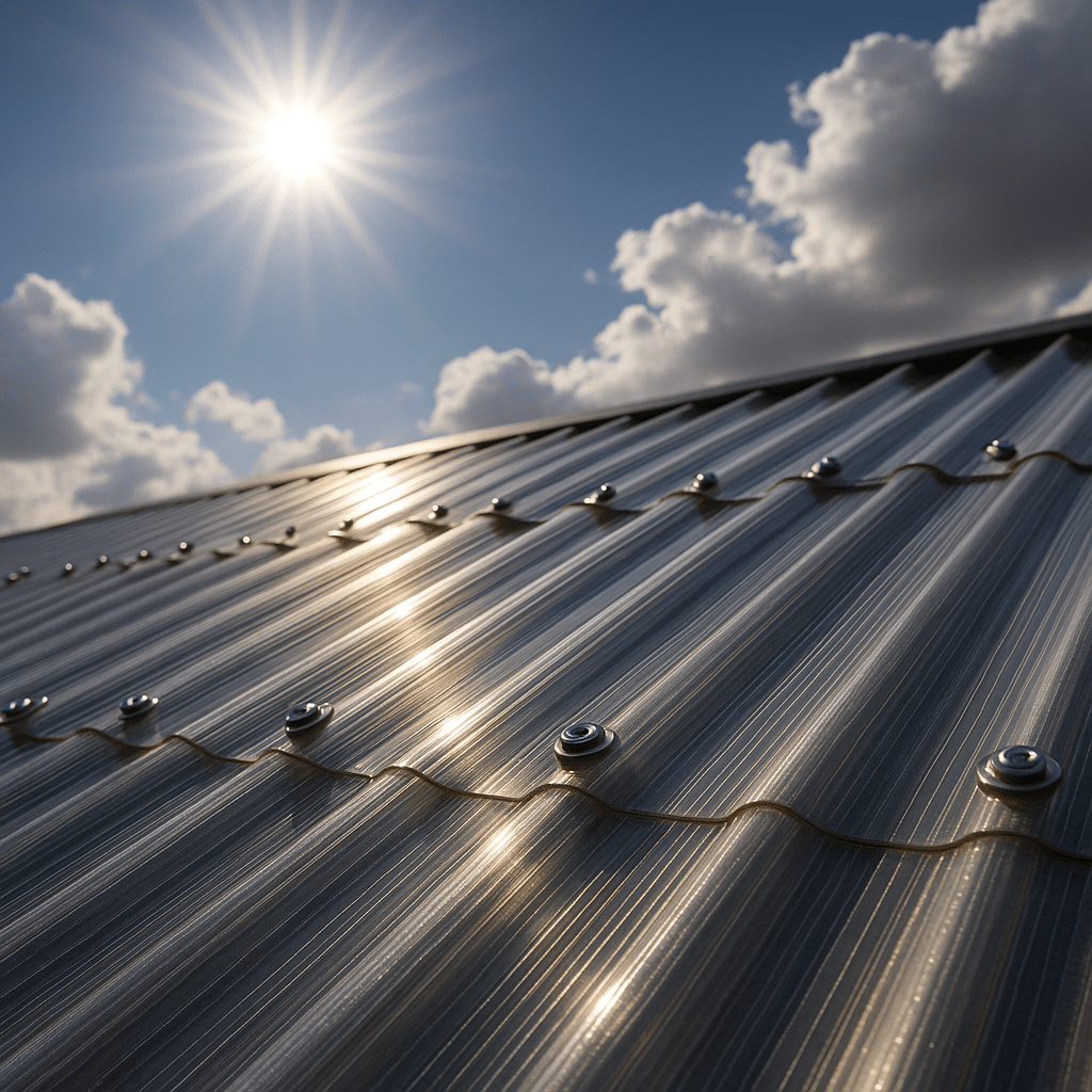 Doorzichtige polycarbonaat golfplaten onder intense zonnestraling – realistisch lichtspel, zichtbare schroefverbindingen, UV-inwerking duidelijk herkenbaar door glans- en schaduweffecten.