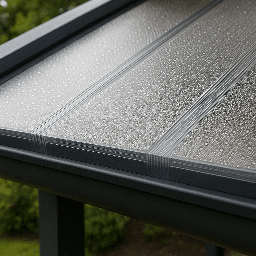 Detailopname van kanaalplaten met zichtbaar condenswater – realistische druppelvorming op het oppervlak, ondersteund door een stabiele aluminiumconstructie en een natuurlijke achtergrond.
