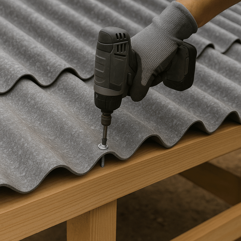 Montage van een vezelcementplaat op een houten onderconstructie – close-up met accuschroevendraaier, zichtbare schroefpunt, gestructureerd oppervlak van de golfplaat.