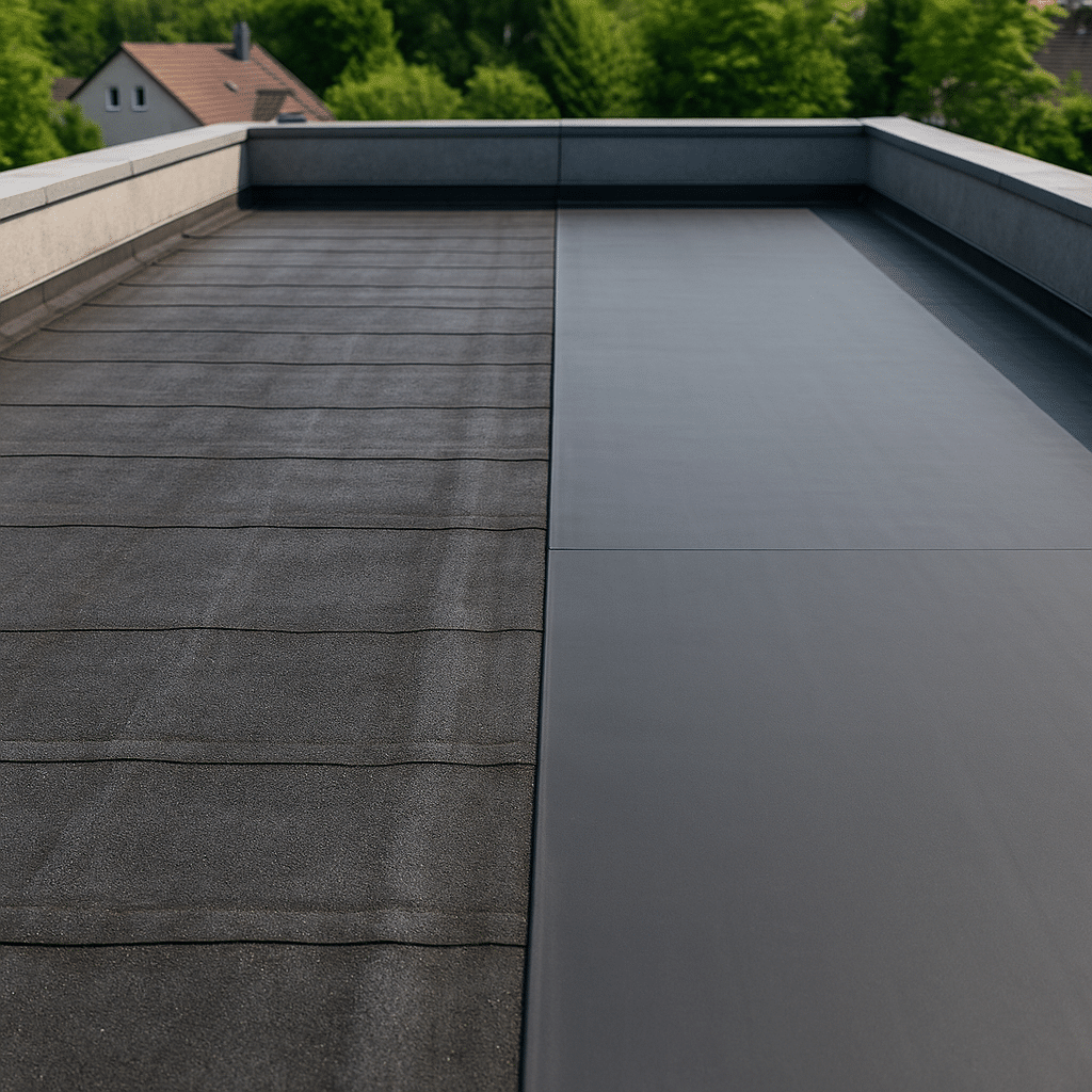 De afbeelding toont een plat dak dat in tweeën is gedeeld: links is het oppervlak afgedicht met zwarte bitumenbanen – herkenbaar aan de gestructureerde banen en naden. Rechts ligt een gladde, donkergrijze EPDM-folie – naadloos, vlak en modern.