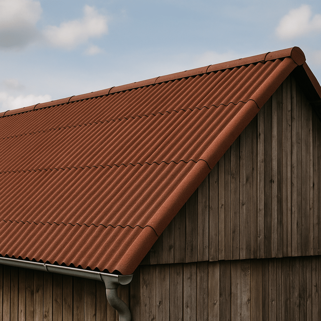 Een houten schuur met een dakbedekking van roodbruine vezelcementplaten.
