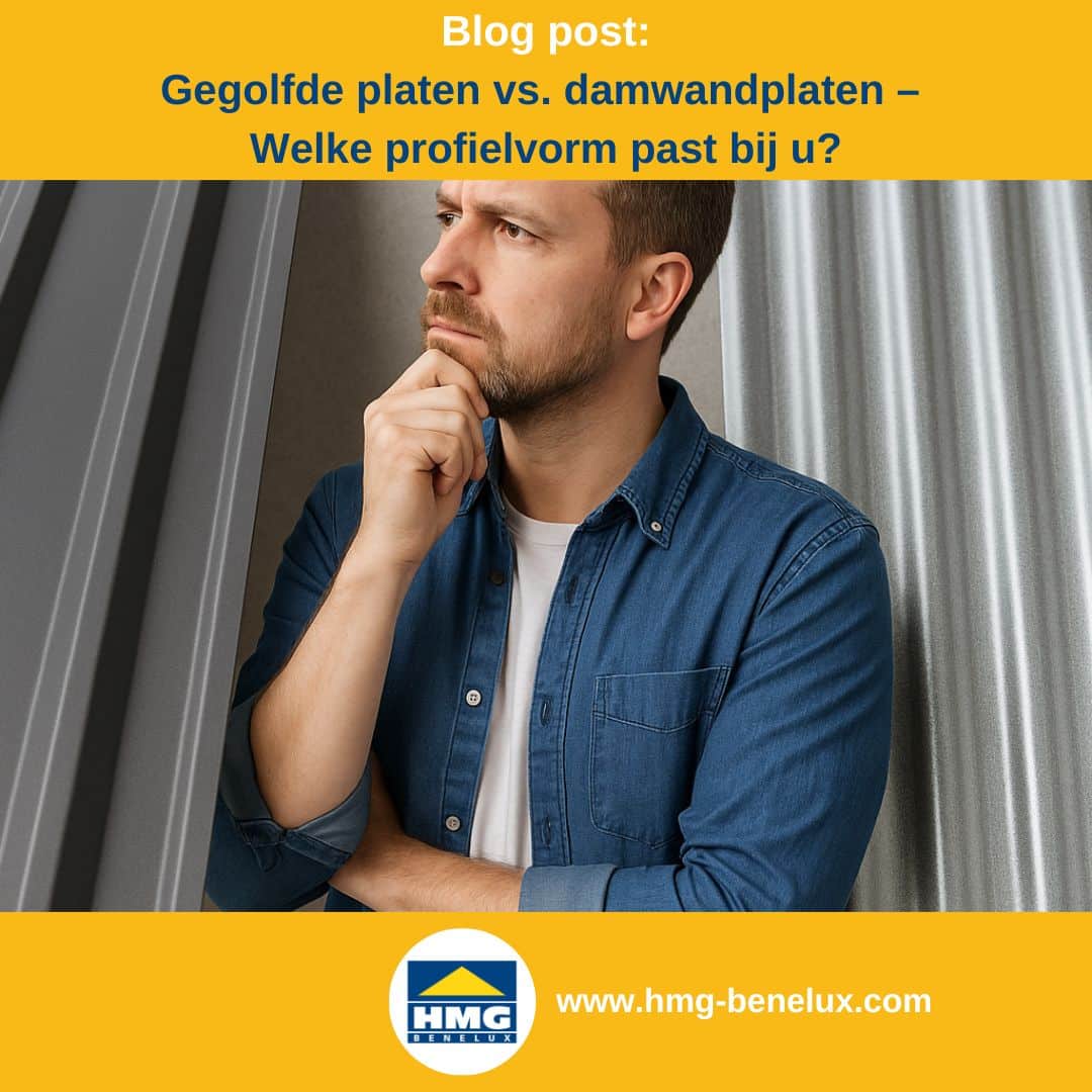 Titelafbeelding van een blogbericht met als onderwerp ‘Gegolfplaat of damwandplaat’ – te zien is een man die een keuze maakt tussen de profielvormen, met daarnaast het logo en het webadres van HMG Benelux shop.