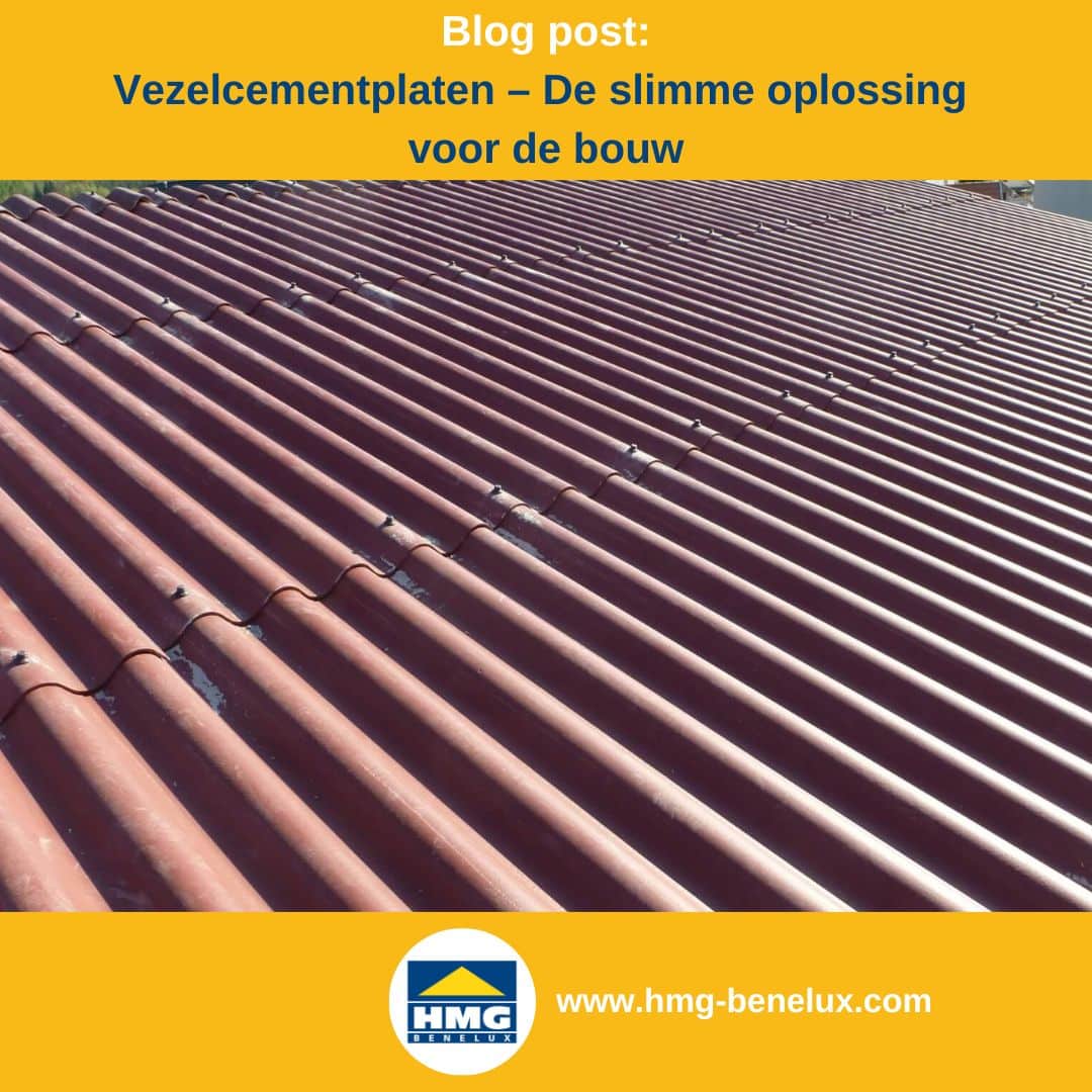 Titelafbeelding van een blogbericht met als onderwerp ‘Vezelcement – de slimme oplossing voor de bouw’ – er wordt een roodbruine dakbedekking van vezelcement getoond, samen met het logo en het webadres van hmg-benelux-shop.com.